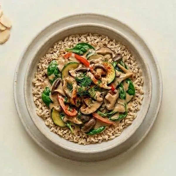 Creamy spinach,vegetble and mushroom stroganoff with brown rice